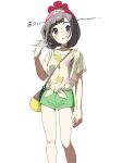  1girl aoaomzir arm_at_side beanie blush brown_eyes brown_hair eyelashes floral_print green_shorts hand_up hat highres hot knees motion_lines pokemon pokemon_(game) pokemon_sm red_headwear selene_(pokemon) shirt short_shorts short_sleeves shorts solo sweat t-shirt tied_shirt white_background 