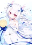  1girl animal_ears anniversary azur_lane bangs bare_shoulders blue_flower breasts closed_mouth commentary_request copyright_name dress fake_animal_ears flower gloves grey_hair hair_between_eyes hair_flower hair_ornament highres kokone_(coconeeeco) laffey_(azur_lane) long_hair looking_at_viewer rabbit_ears sleeveless sleeveless_dress small_breasts smile solo twintails very_long_hair white_dress white_gloves yellow_flower 