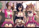  3girls absurdres animal_ears animal_on_lap bare_shoulders belt blue_eyes blue_hair blush bow bowtie breasts brooch brown_eyes brown_hair calico cat center_frills choker cleavage collarbone collared_dress couch crop_top cropped_jacket dark_blue_hair dress ear_bow ear_covers eishin_flash_(umamusume) eyeshadow frills green_eyes grin hair_between_eyes highres horse_ears horse_girl horse_tail indoors ines_fujin_(umamusume) isana615 jewelry large_breasts long_hair looking_at_viewer makeup midriff miniskirt multiple_girls on_lap open_mouth ponytail short_dress short_sleeves side_ponytail single_ear_cover sitting skirt smart_falcon_(umamusume) smile tail thigh_strap thighhighs umamusume v visor white_belt wristband zettai_ryouiki 