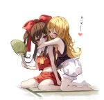  2girls ascot barefoot black_shirt blonde_hair bloomers blush bow braid brown_eyes brown_hair closed_eyes hair_between_eyes hair_bow hair_tubes hakurei_reimu hand_fan heart holding holding_fan japanese_clothes kirisame_marisa long_hair multiple_girls nontraditional_miko open_mouth paper_fan piyokichi red_bow red_skirt shirt sidelocks single_braid skirt sleeveless sleeveless_shirt smile tatami touhou uchiwa underwear white_bloomers yellow_ascot 