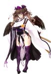  1girl absurdres bangs bow breasts brown_eyes brown_hair detached_sleeves feathered_wings foldable_phone geta glasses hair_bow hat highres himekaidou_hatate kourindou_tengu_costume loincloth long_hair medium_breasts pom_pom_(clothes) puffy_short_sleeves puffy_sleeves purple_bow purple_footwear sash short_sleeves sidelocks simple_background smile solo standing tachi-e tengu-geta thighhighs tk31 tokin_hat touhou transparent_background white_background wings zettai_ryouiki 