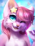  &lt;3 anthro bloominrose blue_eyes bust_portrait cheek_tuft chest_tuft eyelashes facial_tuft felid female front_view glistening glistening_eyes glistening_nose hair happy hi_res looking_at_viewer mammal open_mouth open_smile pawpads pink_ears pink_hair pink_pawpads pink_tongue portrait shoulder_tuft signature simple_background smile solo star tongue tuft yellow_inner_ear 