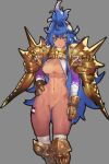 1girl abs areola_slip armor ass_visible_through_thighs bandaged_arm bandages bar_censor black_outline blue_eyes blue_hair bracelet bright_pupils censored character_request closed_mouth commission eyelashes final_fantasy final_fantasy_brave_exvius frown gem gold_armor gradient gradient_hair greaves grey_background grey_thighhighs hair_between_eyes hamama2 hand_on_hip highres jewelry leg_tattoo long_eyelashes long_hair looking_at_viewer multicolored_hair navel outer_glow outline pauldrons pink_hair purple_gemstone pussy shoulder_armor simple_background skeb_commission skindentation solo spiked_bracelet spikes tattoo thighhighs very_long_hair war_of_the_visions:_final_fantasy_brave_exvius white_pupils 