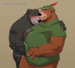  2022 anthro baloo belly big_belly black_body blush brown_body clothed clothing disney duo hat headgear headwear hi_res humanoid_hands jumperbear kemono little_john male male/male mammal overweight overweight_male robin_hood_(disney) simple_background the_jungle_book ursid 