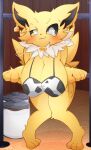  anthro big_breasts blush breasts clothed clothing ear_piercing eeveelution female generation_1_pokemon hi_res hinata_sakamoto jolteon looking_at_viewer milk nintendo piercing pokemon pokemon_(species) pokemorph smile solo tag video_games yellow_body 