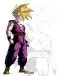  1boy bare_pectorals battle_damage blue_wristband clenched_hands closed_mouth dougi dragon_ball dragon_ball_z green_eyes highres horang4628 male_focus pectorals scratches solo son_gohan spiked_hair standing super_saiyan toned toned_male torn torn_clothes twitter_username v-shaped_eyebrows white_background wristband zoom_layer 