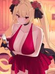  1girl absurdly_long_hair alternate_costume arm_under_breasts artist_name azur_lane batsu black_choker black_gloves blonde_hair breasts center_opening choker cleavage cocktail_dress dress evening_gown flower gloves hair_flower hair_ornament half_gloves halter_dress halterneck highres large_breasts leaning_forward long_hair looking_at_viewer nelson_(azur_lane) red_dress red_eyes red_flower red_rose rose solo twintails very_long_hair 