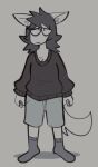  3_fingers anthro bottomwear canid canine canis clothing domestic_dog eye_bags fingers footwear fur fur_tuft hair hi_res inner_ear_fluff long_sleeves male mammal messy_hair shorts simple_background socks sog_(squishy) solo squishy_(artist) sweater topwear tuft 