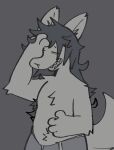  4_fingers anthro canid canine canis chipped_ear clothed clothing domestic_dog fingers fur fur_tuft hair holding_head inner_ear_fluff long_hair male mammal messy_hair navel open_mouth simple_background sog_(squishy) solo squishy_(artist) tired topless tuft underwear underwear_only 