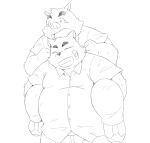  2022 anthro band-aid bandage belly big_belly bottomwear canid canine canis carrying clothing domestic_dog duo eyes_closed ginsingoo1 kemono male mammal overweight overweight_male pants piggyback shirt simple_background suid suina sus_(pig) topwear wild_boar 