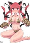  1girl :3 :d animal_ear_fluff animal_ears animal_hands animal_print bangs barefoot bikini black_bow blush bow braid breasts cat_ears cat_tail chups cleavage fang hair_bow highres kaenbyou_rin large_breasts looking_at_viewer multiple_tails nekomata open_mouth red_eyes red_hair side_braids signature simple_background sitting smile solo sweatdrop swimsuit tail tiger_print touhou twin_braids two_tails white_background 
