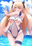  1girl :d adapted_costume arm_garter bangs bare_shoulders blonde_hair blue_sky blush breasts bridal_garter cloud cowboy_shot day fischl_(genshin_impact) frills genshin_impact green_eyes hair_over_one_eye highres long_hair medium_breasts o-ring o-ring_swimsuit one_eye_covered open_mouth outdoors see-through_swimsuit sidelocks sky smile solo standing sukesan swimsuit thighs two_side_up underboob very_long_hair 