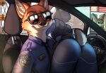  2022 anthro butt canid canine clothing digital_media_(artwork) disney duo_focus english_text eyewear fox group he_wants_to_order hi_res inner_ear_fluff judy_hopps lagomorph leporid looking_at_viewer mammal meme nick_wilde police_uniform rabbit role_reversal spuydjeks sunglasses text tuft uniform zootopia 