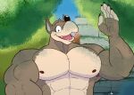  2022 5_fingers abs anthro big_biceps big_pecs black_nose brown_body brown_fur clothed clothing fingers fur gesture half-length_portrait hi_res looking_at_viewer male mammal mospy_(artist) muscular muscular_anthro muscular_male mustela mustelid musteline nipples open_mouth open_smile outside pecs portrait selfie smile solo topless topless_anthro topless_male true_musteline vrag_borstov waving waving_at_viewer 