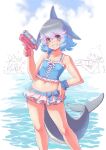  2girls alternate_costume bare_legs bare_shoulders bikini blowhole blue_bikini blue_eyes blue_hair cetacean_tail commentary_request common_bottlenose_dolphin_(kemono_friends) common_dolphin_(kemono_friends) dolphin_girl dorsal_fin frilled_bikini frills grey_hair highres holding holding_water_gun kemono_friends kosai_takayuki multicolored_hair multiple_girls ocean short_hair sleeveless spaghetti_strap swimsuit teeth water_gun 