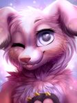  anthro blep bloominglynx bust_portrait canid canine canis cheek_tuft chest_tuft domestic_dog eyelashes facial_tuft female floppy_ears front_view fur grey_eyes head_tuft hi_res mammal neck_tuft one_eye_closed orange_body orange_fur pink_nose pink_tongue portrait simple_background solo star tongue tongue_out tuft white_body white_fur white_head_tuft 