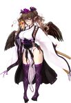  1girl absurdres bangs bow breasts brown_eyes brown_hair detached_sleeves feathered_wings foldable_phone geta glasses hair_bow hat highres himekaidou_hatate kourindou_tengu_costume loincloth long_hair medium_breasts pom_pom_(clothes) puffy_short_sleeves puffy_sleeves purple_bow purple_footwear sash short_sleeves sidelocks simple_background smile solo standing tachi-e tengu-geta thighhighs tk31 tokin_hat touhou transparent_background white_background wings zettai_ryouiki 