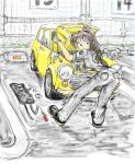  1girl absurdres blonde_hair brown_hair car commentary_request engine gloves ground_vehicle highres long_hair motor_vehicle original tire tomboy tridokodemo 
