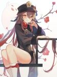  1girl 7aka_ne11 bangs boo_tao_(genshin_impact) branch breasts brown_coat brown_hair brown_headwear brown_shorts cheek_rest coat feet_out_of_frame flower genshin_impact hair_between_eyes hat highres hu_tao_(genshin_impact) long_hair long_sleeves looking_at_viewer parted_lips plum_blossoms porkpie_hat red_eyes red_flower short_shorts shorts sidelocks sitting small_breasts smile socks solo thighs white_background white_socks 