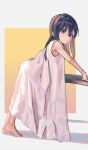  1girl arm_support barefoot black_hair child dress driftingtiger feet female_child from_side highres leaning_forward long_dress long_hair original purple_eyes simple_background sleeveless sleeveless_dress solo toes white_dress 