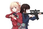  2girls aiming assault_rifle bangs belt black_hair blonde_hair blue_belt blue_dress blue_ribbon bob_cut closed_mouth collared_shirt commentary copyright_name dress english_commentary green_ribbon grey_dress gun hair_ribbon handgun highres holding holding_gun holding_weapon inoue_takina long_hair long_sleeves lycoris_recoil lycoris_uniform multiple_girls neck_ribbon nishikigi_chisato open_mouth pleated_dress purple_eyes qsz-92 red_belt red_dress red_eyes red_ribbon ribbon rifle school_uniform scope shirt short_hair simple_background two-tone_dress upper_body user_wgvw4555 weapon white_background white_shirt 