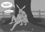 agidyne anthro bottomwear buckteeth clothing cousins_(lore) denim denim_bottomwear denim_clothing dialogue duo eyes_closed female fence freckles hi_res hoodie jeans lagomorph leporid looking_at_another male mammal pants plant rabbit rose_(agidyne) simple_background sitting stephen_(agidyne) teeth topwear tree under_shade