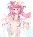  animal_ears bad_id bad_pixiv_id bangs bell blunt_bangs breasts cat_ears cat_tail censored choker hat jingle_bell kemonomimi_mode long_hair medium_breasts patchouli_knowledge pink_eyes pink_hair pussy sitting solo tail thighhighs touhou tsurime yako 