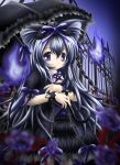  1girl animal_ears black_dress black_hairband black_umbrella black_wrist_cuffs blue_ribbon dress emil_chronicle_online fence fireball frilled_dress frills grey_hair hair_ribbon hairband highres holding holding_umbrella long_hair ribbon shugoma_minazuki solo taku_(punitaku) umbrella wrist_cuffs 