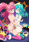  2girls ahoge aqua_hair ass ass_grab blue_eyes blush boots breasts butt_crack character_name choker cure_milky cure_star earrings hagoromo_lala hair_ornament high_heels highres hoshina_hikaru jewelry long_hair looking_at_viewer multiple_girls nipples open_mouth pink_eyes pink_hair precure short_hair small_breasts smile star star_earrings star_hair_ornament star_twinkle_precure thigh_boots thighhighs tooo twintails yuri 