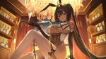  1girl absurdres alcohol animal_ears bare_shoulders bay_(nikke) bay_(radiant_rabbit)_(nikke) black_gloves black_hair blush bottle breasts champagne champagne_flute chandelier covered_navel cup drinking_glass elbow_gloves fake_animal_ears gloves goddess_of_victory:_nikke highleg highleg_leotard highres holding indoors large_breasts leotard long_hair looking_at_viewer multicolored_hair nannung official_alternate_costume parted_lips playboy_bunny rabbit_ears red_hair sitting solo streaked_hair thighhighs thighs white_thighhighs 