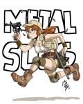  1girl belt boots breasts cleavage commentary_request fio_germi glasses gun handgun hiroe_rei knee_pads large_breasts metal_slug pistol ponytail red_hair reloading revolver shadow shorts signature speedloader tonfa vest weapon 