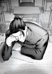  1boy black_hair black_jacket chair classroom closed_mouth from_above getou_suguru greyscale hair_bun hair_over_one_eye head_rest highres jacket jujutsu_kaisen looking_at_viewer male_focus monochrome notebook on_chair ru_ka_night sitting smile solo table upper_body 
