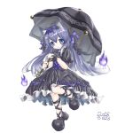  1girl animal_ears black_boots black_dress black_hairband black_umbrella black_wrist_cuffs blue_eyes blue_hair blue_ribbon boots dated dress emil_chronicle_online fireball frilled_dress frills hair_ribbon hairband holding holding_umbrella lace_hairband long_hair ribbon shugoma_minazuki solo standing standing_on_one_leg tairui umbrella white_background wrist_cuffs 
