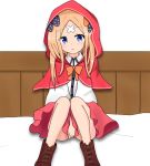  1girl :o abigail_williams_(fate/grand_order) atsumisu bangs bed_sheet black_bow blonde_hair blue_eyes blush boots bow brown_footwear capelet collared_shirt commentary_request cosplay covering covering_crotch cross-laced_footwear crossed_bandaids dress_shirt eyebrows_visible_through_hair fate/grand_order fate_(series) hair_bow highres hood hood_up hooded_capelet lace-up_boots little_red_riding_hood little_red_riding_hood_(grimm) little_red_riding_hood_(grimm)_(cosplay) long_hair looking_at_viewer orange_bow parted_bangs parted_lips polka_dot polka_dot_bow red_capelet red_skirt shirt simple_background sitting skirt solo white_background white_shirt 