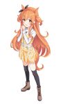  1girl animal_ears belt black_thighhighs blush boots bow breasts brown_boots brown_ribbon buckle cherry_necklace commentary ear_bow ear_ribbon full_body heart heart-shaped_buckle highres horse_ears horse_girl horse_tail long_hair long_sleeves looking_at_viewer mayano_top_gun_(umamusume) open_mouth orange_eyes orange_hair orange_tail own_hands_together plaid_clothes plaid_skirt plaid_vest ribbon shirt shyaka simple_background skirt small_breasts smile solo sparkle tail thighhighs thighs turtleneck turtleneck_shirt two_side_up umamusume vest white_background white_belt white_shirt yellow_skirt yellow_vest 