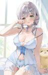  1girl babydoll bare_shoulders blush breasts cat cleavage collarbone cowboy_shot green_eyes grey_hair highres hololive large_breasts nyannyan_poa shirogane_noel shorts smile solo spaghetti_strap virtual_youtuber white_babydoll white_shorts window 