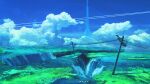  absurdres blue_sky cliff cloud commentary_request day film_grain highres kinoko_no_sato landscape lens_flare no_humans original outdoors power_lines scenery shadow sky spire utility_pole water waterfall 