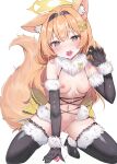  1girl :d absurdres animal_ear_fluff animal_ears back_bow black_gloves black_thighhighs blue_archive blue_eyes blush bow breasts cat_ears cat_girl cat_tail claw_pose cleavage closed_mouth commentary condom condom_in_mouth controller cosplay double-parted_bangs elbow_gloves fate/grand_order fate_(series) full_body fur-trimmed_gloves fur-trimmed_legwear fur-trimmed_thighhighs fur_collar fur_trim gloves hair_between_eyes hair_intakes hairband halo hand_up has_bad_revision has_downscaled_revision heart heart-shaped_pupils highres holding holding_remote_control kneeling large_bow long_hair looking_at_viewer low_twintails mari_(blue_archive) mash_kyrielight mash_kyrielight_(dangerous_beast) mash_kyrielight_(dangerous_beast)_(cosplay) md5_mismatch mouth_hold navel nipples nude o-ring o-ring_top orange_hair pussy pussy_juice remote_control remote_control_vibrator resolution_mismatch revealing_clothes rinringyo sex_toy simple_background small_breasts smile solo source_smaller stomach swimsuit symbol-shaped_pupils tail thighhighs twintails vibrator white_background yellow_halo 