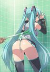  against_wall anus aqua_eyes aqua_hair aqua_nails ass bare_shoulders breasts covered_nipples detached_sleeves from_behind hatsune_miku long_hair looking_back medium_breasts nail_polish open_mouth panties panty_lift pleated_skirt pussy pussy_juice skirt solo spring_onion striped striped_panties thighhighs twintails underwear very_long_hair vocaloid wedgie yokaze_japan 