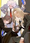  1girl 2boys black_jacket black_pants blonde_hair blue_necktie brown_hair can classicaloid cup drinking_straw franz_liszt_(classicaloid) frederic_chopin_(classicaloid) grey_jacket highres holding holding_can holding_cup jacket knees_up ludwig_van_beethoven_(classicaloid) multiple_boys necktie octahooves open_mouth pants red_necktie short_hair sitting white_hair 