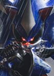  1boy 2204design blender_(medium) chain close-up english_commentary glowing glowing_eyes highres holding holding_chain looking_at_viewer mecha metal_sonic neo_metal_sonic no_humans rain red_eyes robot science_fiction solo sonic_(series) sonic_heroes spikes super_robot upper_body 