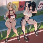 2girls abs armpits arms_behind_head au_ra bench black_hair black_panties black_shoes blonde_hair bottle breasts brown_eyes character_name cleavage closed_mouth commission dragon_horns dragon_tail eyebrows_hidden_by_hair final_fantasy final_fantasy_xiv full_body groin hair_between_eyes highleg highleg_panties highres holding holding_bottle horns knees_together_feet_apart large_breasts long_hair looking_at_viewer multiple_girls name_tag navel original panties ponytail red_sports_bra sapphira_nyx saran_(femraenjoyer) second-party_source seventeencrows shoes short_hair sitting smile sneakers sports_bra sweat tail toned toned_female track_and_field underwear very_sweaty warrior_of_light_(ff14) white_background white_sports_bra 