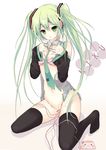  aqua_(artist) bad_id bad_pixiv_id blush bra breasts detached_sleeves green_eyes green_hair hatsune_miku legs lingerie long_hair long_legs necktie nipples sitting small_breasts solo tears thighhighs twintails underwear very_long_hair vibrator vocaloid 