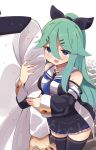  1boy 1girl admiral_(kantai_collection) arm_hug bangs black_legwear black_ribbon black_serafuku black_skirt blue_neckwear blue_ribbon choker commentary_request detached_sleeves green_eyes green_hair hair_between_eyes hair_flaps hair_ornament hair_ribbon hairclip highres kantai_collection long_hair looking_at_viewer neckerchief parted_bangs pleated_skirt ponytail ribbon school_uniform serafuku sidelocks skirt suzuki_toto sweat sweating_profusely thighhighs yamakaze_(kantai_collection) zettai_ryouiki 