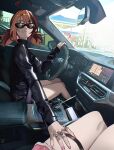  2girls ahoge blonde_hair brown_hair car_interior car_seat driving gigi_murin grem_(gigi_murin) hand_on_another&#039;s_thigh highres hololive hololive_english jewelry left-hand_drive looking_at_viewer mori_calliope motor_vehicle multicolored_hair multiple_girls ninochuu rear-view_mirror reflection ring seatbelt short_hair sitting steering_wheel sunglasses thighs twintails two-tone_hair vehicle_interior virtual_youtuber 