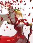  1girl aestus_estus ahoge blonde_hair breasts dress epaulettes fate/extra fate_(series) green_eyes highres holding holding_sword holding_weapon large_breasts nero_claudius_(fate) nero_claudius_(fate)_(all) petals rose_petals sword weapon zonotaida 