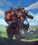  2boys absurdres adeptus_astartes armor armored_boots blood_angels blue_gemstone blue_sky boots breastplate broken_statue bullet_hole cable claw_(weapon) cloud cross_ornament energy_claws full_armor full_body gauntlets gem grass greaves grohgrog gun heavy_bolter helmet highres holding holding_bolter holding_gun holding_weapon imperial_aquila laurel_crown male_focus maltese_cross multiple_boys ornate_armor outdoors pauldrons pelvic_curtain power_armor purity_seal purple_gemstone red_armor shoulder_armor skull_and_crossbones skull_ornament sky vambraces warhammer_40k weapon yellow_helmet 