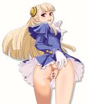  anus ass blonde_hair bottomless capcom_fighting_jam censored dress gloves hair_ornament hairpods highres hou_(hachiyou) ingrid long_hair looking_back miniskirt no_legwear no_panties pussy red_eyes skirt solo spread_anus spread_pussy white_gloves white_hair 