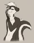  2018 anthro ayken big_tail biped claws digital_media_(artwork) ears_back front_view grey_background greyscale hair half-length_portrait hi_res long_tail looking_at_viewer male mammal mephitid monochrome navel nude portrait short_hair simple_background skunk smile sneakerfox solo 