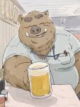  2022 alcohol anthro beer belly beverage big_belly blush brown_body brown_fur detailed_background eyes_closed fur hi_res humanoid_hands inside kemono male mammal overweight overweight_male pommn_mn sitting solo suid suina sus_(pig) wild_boar 